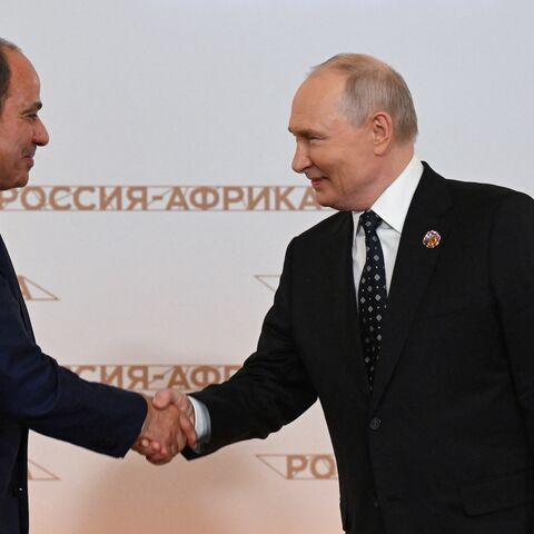 Russian President Vladimir Putin greets Egypt's President Abdel Fattah el-Sisi during a welcoming ceremony for participants of the Russia-Africa summit at the Grand Kremlin Palace in central Moscow, on Oct. 28, 2026. 