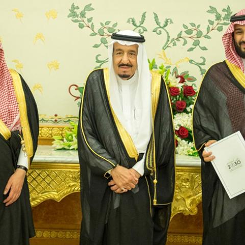 (L-R) Saudi Crown Prince Mohammed bin Nayef, Saudi King Salman, and Saudi Arabia's Deputy Crown Prince Mohammed bin Salman stand together as Saudi Arabia's cabinet agrees to implement a broad reform plan known as Vision 2030 in Riyadh, April 25, 2016. To match Insight SAUDI-PLAN/PRINCE  Saudi Press Agency/Handout/File Photo via REUTERS.    ATTENTION EDITORS - THIS IMAGE WAS PROVIDED BY A THIRD PARTY. EDITORIAL USE ONLY. NO RESALES. NO ARCHIVE.  - RTX2CU2M