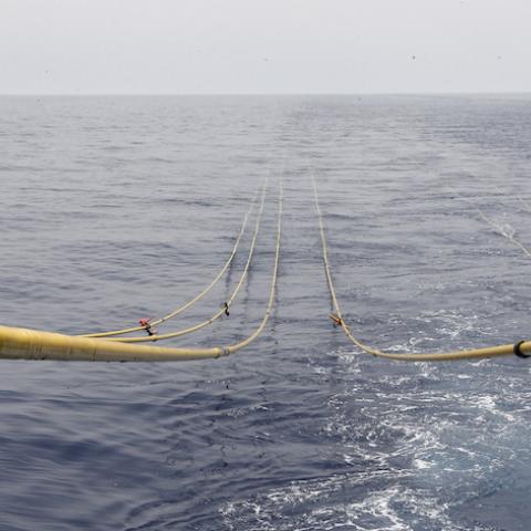 The cables of a side-scan sonar is seen in the waters of the Mediterranean sea, during a tour of areas believed to have gas reserves, off Lebanon's coast near Beirut May 30, 2013. Offshore seismic surveys suggest Lebanon has at least 30 trillion cubic feet in just a small fraction of its Mediterranean waters Energy Minister Gebran Bassil said. Lebanon has selected 46 international oil companies to bid to explore for gas off its coast, where survey ships have been assessing prospects after discoveries in wat