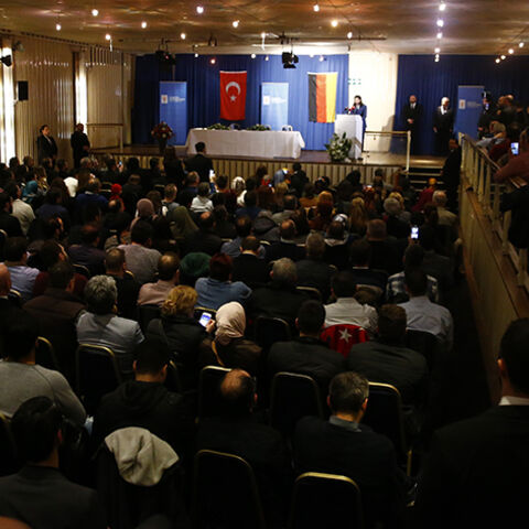 A general view shows the audience before a speech of Turkish Economy Minister Nihat Zeybekci in Cologne, Germany, March 5, 2017. REUTERS/Wolfgang Rattay - RTS11JXA