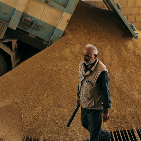 A driver unloads wheat grains from a truck at a mill in Qamishli, Syria June 3, 2019. Picture taken June 3, 2019. REUTERS/Rodi Said - RC11132FBEF0