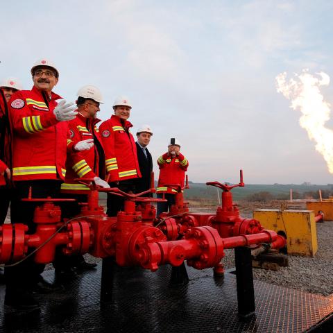 ISTANBUL, TURKEY - FEBRUARY 11: Fatih Donmez (2nd L), Turkish Energy and Natural Resources Minister attends the flare lighting ceremony of Bati Celtik-1 new natural gas well in Silivri district of Istanbul, Turkey on February 11, 2019. (Photo by Celal Gunes/Anadolu Agency/Getty Images)