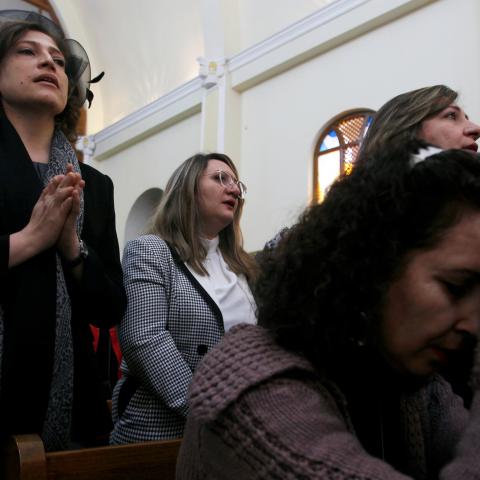 Iraqi Christians pray during a mass on Christmas Day at St. George Chaldean Church in Baghdad, Iraq December 25, 2019. REUTERS/Khalid al Mousily - RC292E9455EU