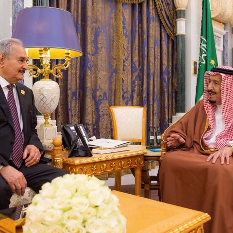 Saudi Arabia's King Salman bin Abdulaziz meets with Libyan military commander Khalifa Haftar in Riyadh, Saudi Arabia March 27, 2019. Bandar Algaloud/Courtesy of Saudi Royal Court/Handout via REUTERS ATTENTION EDITORS - THIS PICTURE WAS PROVIDED BY A THIRD PARTY. - RC1909E0CC40