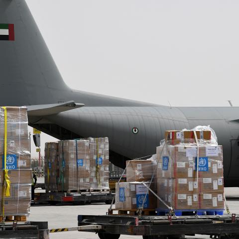Tonnes of medical equipment and coronavirus testing kits provided bt the World Health Organisation are pictured at the al-Maktum International airport in Dubai on March 2, 2020 as it is prepared to be delivered to Iran with a United Arab Emirates military transport plane. (Photo by KARIM SAHIB / AFP) (Photo by KARIM SAHIB/AFP via Getty Images)