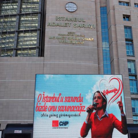 A picture of main opposition Republican People's Party's (CHP) Istanbul chair Canan Kaftancioglu is displayed on a screen outside the Justice Palace, the Caglayan courthouse, in Istanbul, Turkey, September 6, 2019. REUTERS/Murad Sezer - RC1B167BFEA0