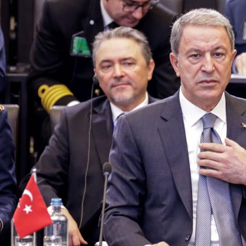 Turkish National Defense Minister Hulusi Akar attends a NATO defence ministers meeting in Brussels on February 13, 2020, to address key issues including the Alliances training mission in Iraq and the fight against international terrorism. - Ministers will also discuss NATOs presence in Afghanistan, the challenges posed by Russias missile systems and NATO-EU cooperation. (Photo by Aris Oikonomou / AFP) (Photo by ARIS OIKONOMOU/AFP via Getty Images)
