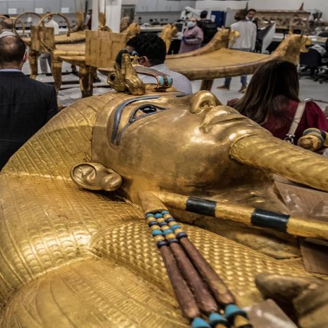 This picture taken on April 13, 2020 shows a view of the golden sarcophagus of the ancient Egyptian Pharaoh Tutankhamun (reigned between 1342-1325 BC) as it lies for restoration at the restoration lab of the newly-built Grand Egyptian Museum (GEM) in Giza on the southwestern outskirts of the capital Cairo. (Photo by Khaled DESOUKI / AFP) (Photo by KHALED DESOUKI/AFP via Getty Images)