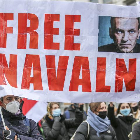 BERLIN, GERMANY - JANUARY 23: Some 2500 supporters of Russian opposition politician Alexei Navalny  marched in protest demand for his release from prison in Moscow on January 23, 2021 in Berlin, Germany. The protesters marched from the federal chancellery through the Russian embassy to Brandenburg Gate in part also heeding a call by Navalny to protest against Russian President Vladimir Putin. Navalny, who was arrested earlier this week upon his return to Moscow from Germany, has called for protests against 