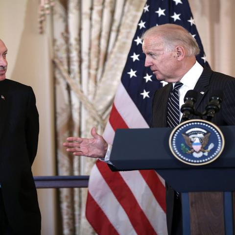 WASHINGTON, DC - MAY 16:  U.S. Vice President Joseph Biden (R) speaks as Prime Minister of Turkey Recep Tayyip Erdogan (L) looks on during a luncheon at the State Department May 16, 2013 in Washington, DC. Prime Minister Erdogan was on a visit in Washington and had talks on Syria with U.S. President Barack Obama.  (Photo by Alex Wong/Getty Images)