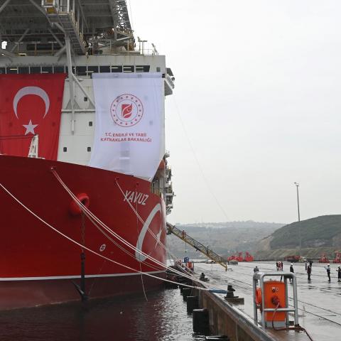A picture taken at the port of Dilovasi, outside Istanbul, on June 20, 2019 shows the drilling ship 'Yavuz' scheduled to search for oil and gas off Cyprus. - Turkey is set to send a new ship on June 20 to search for oil and gas off Cyprus, in a move expected to escalate tensions after the EU called on Ankara to stop its "illegal drilling activities". The region near the divided island is believed have rich natural gas deposits, triggering a race between Turkey and the internationally recognised Cyprus, whic