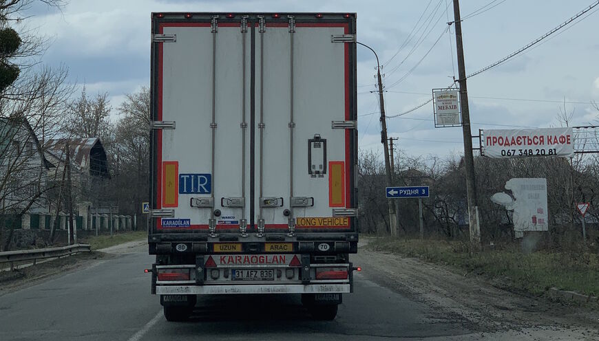 A Turkish truck carrying commercial goods on the road between Kyiv and Khmelnitsky, southwest Ukraine, April 3, 2021. (Amberin Zaman/Al-Monitor)