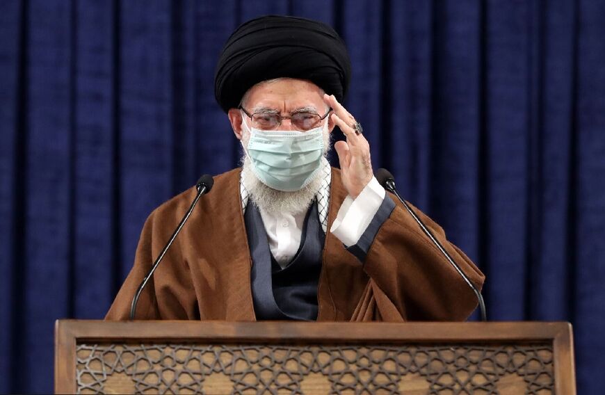 Iranian supreme leader Ayatollah Ali Khamenei shown during a video conference in Tehran on February 17, 2022