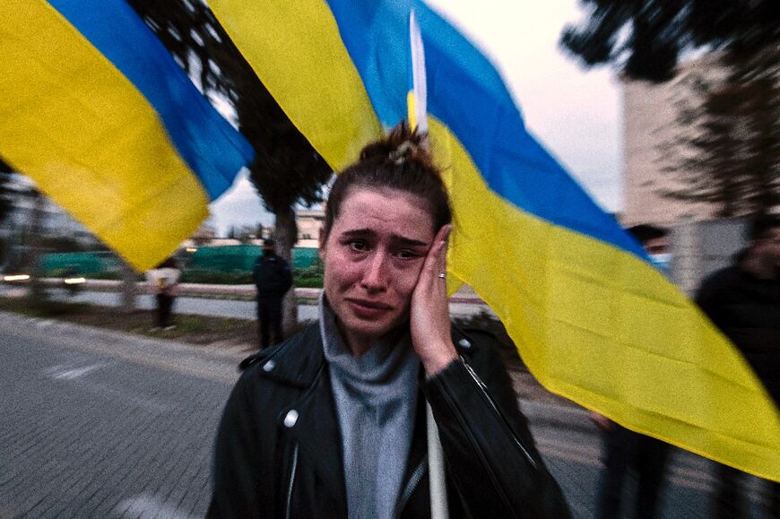 Ukrainians and Cypriots protested outside the Russian embassy in Nicosia on Tuesday against the invasion of Ukraine