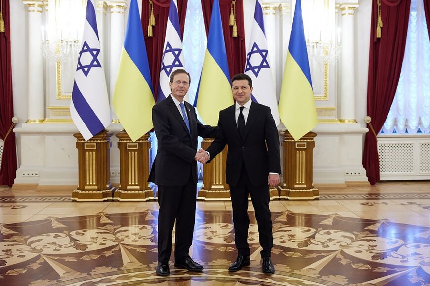 Zelensky greets his Israeli counterpart Isaac Herzog at the presidential palace in Kyiv in October 2021
