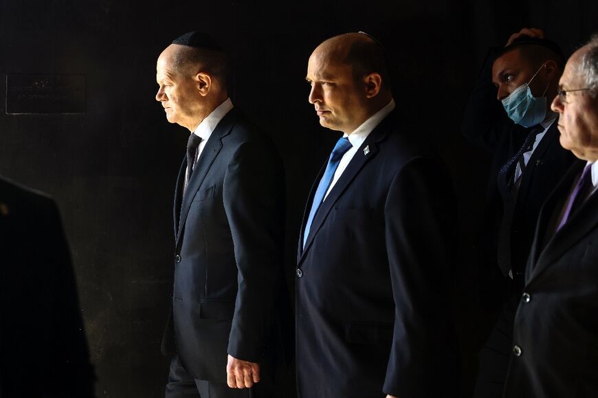 Scholz and Bennett attend a ceremony at the Hall of Remembrance at Yad Vashem World Holocaust Remembrance museum in Jerusalem