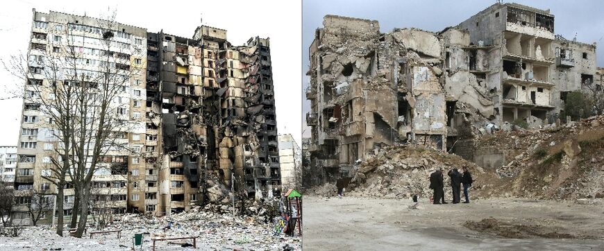 A combination of file pictures shows an apartment building in Ukraine's Kharkiv on March 8, 2022 (L) and a destroyed building in Syria's old city of Aleppo on December 17, 2016
