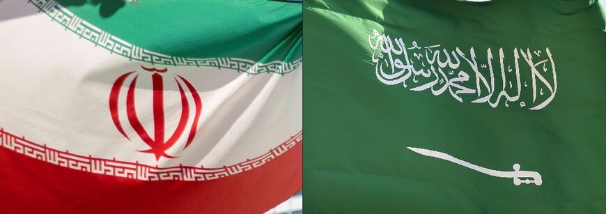 A combination photo shows the flags of Iran (L) and Saudi Arabia (R)