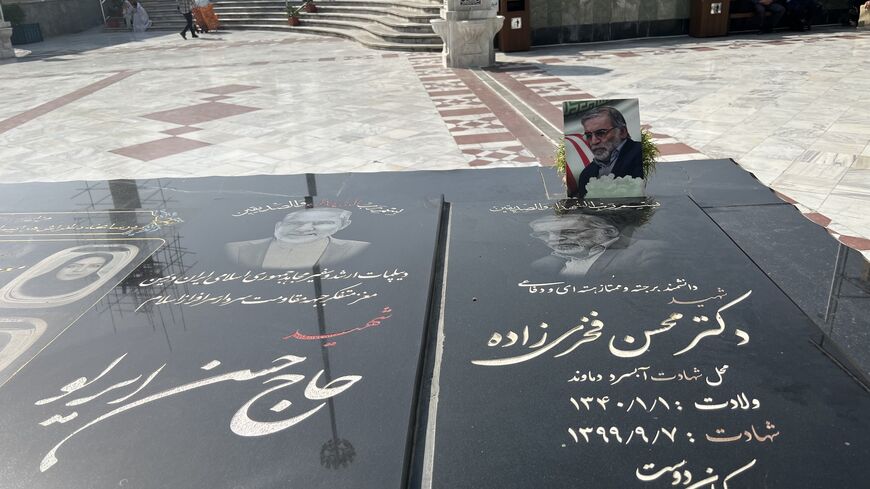 The graves of Mohsen Fakhrizadeh an Hasan Irlu at the shrine of Imam Zadeh Saleh. (Al-Monitor)
