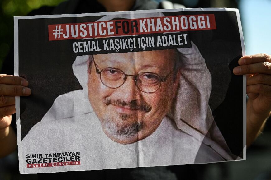 Murdered Saudi journalist Jamal Khashoggi, seen here in a poster after his death calling for justice, was killed inside the Saudi consulate in Istanbul in 2018