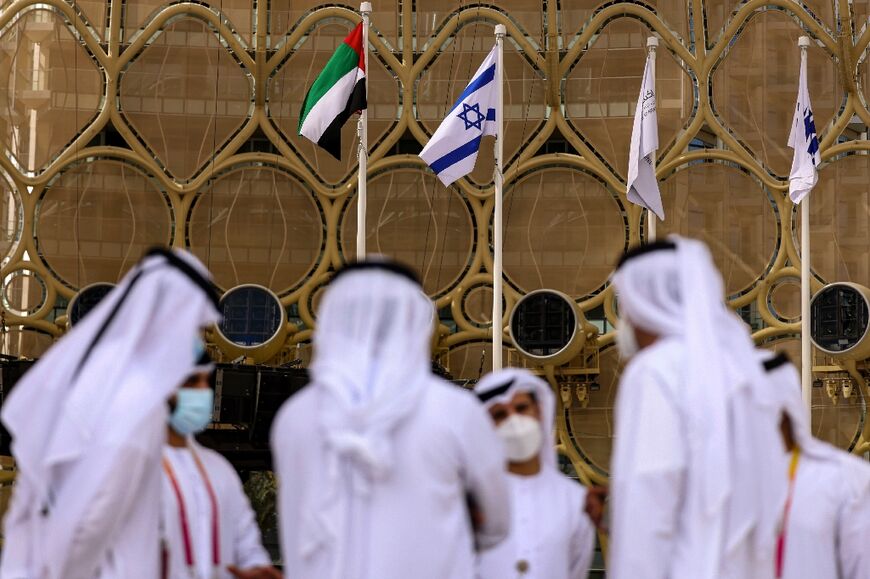 The flags of the UAE and Israel fly at the Expo 2020 Dubai in the gulf emirate on January 31, 2022