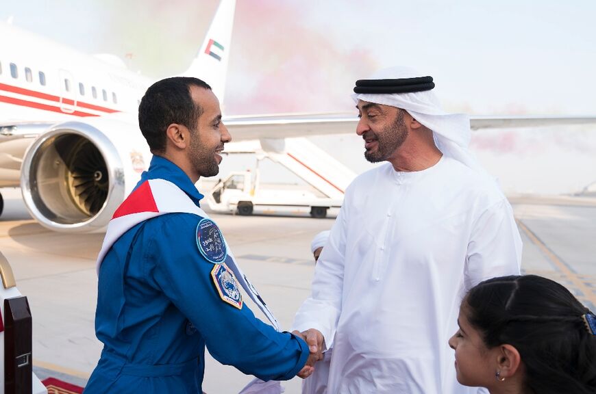 Abu Dhabi Crown Prince Sheikh Mohamed bin Zayed greets UAE astronaut Hazzaa al-Mansouri, the first citizen of an Arab country to stay at the International Space Station (ISS), was welcomed as a hero on his return home.