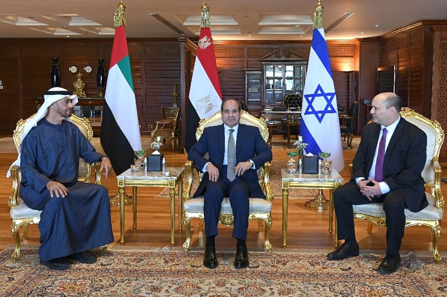 Egyptian President Abdel Fattah al-Sisi, at the centre, in March met the UAE's Mohamed bin Zayed al-Nahyan, on the left, and Israeli Prime Minister Naftali Bennett 
