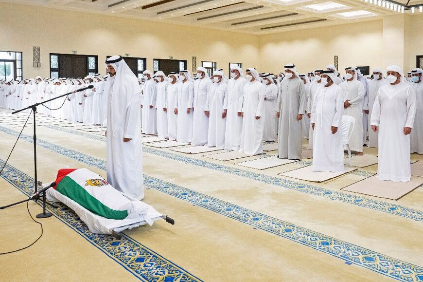 Mohamed bin Zayed Al Nahyan takes part in a funeral prayer for UAE President Sheikh Khalifa at a mosque in Abu Dhabi on May 13, 2022, before Sheikh Mohamed was named to succeed his half brother as president 
