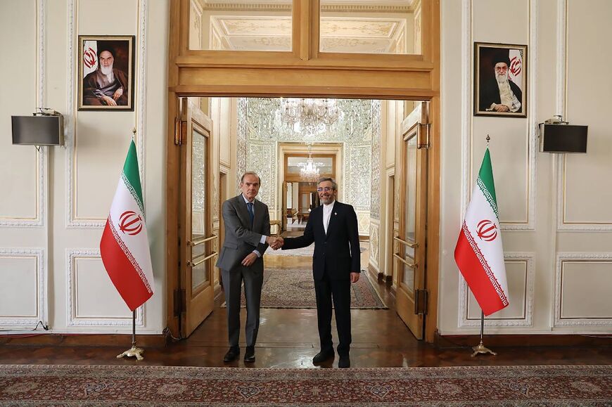 Iran's chief nuclear negotiator Ali Bagheri Kani welcomes EU envoy Enrique Mora in the capital Tehran on May 11, 2022.