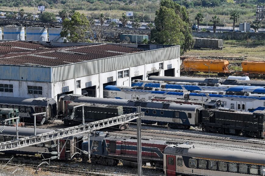 Trains lie idle at a depot outside Tunis as the strike brings Tunisia's rail network to a halt