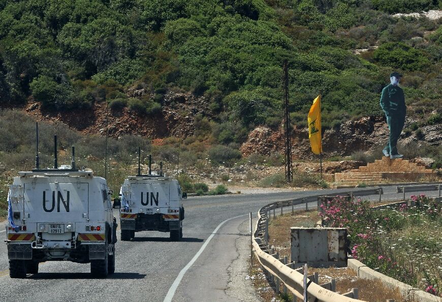 United Nations peacekeeping force vehicles patrol the area of Naqura, south of the Lebanese city of Tyre, on the border with Israel on June 6, 2022