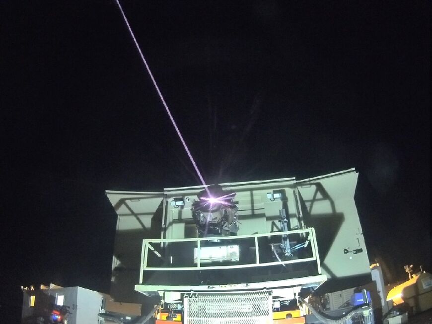 This handout picture released by the Israeli defence ministry on April 14, 2022, shows a high-power Israeli laser interception system at an undisclosed location