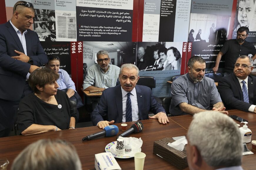 Palestinian prime minister Mohammad Shtayyeh makes a solidarity visit to Al-Haq's offices after they were raided by the Israeli army