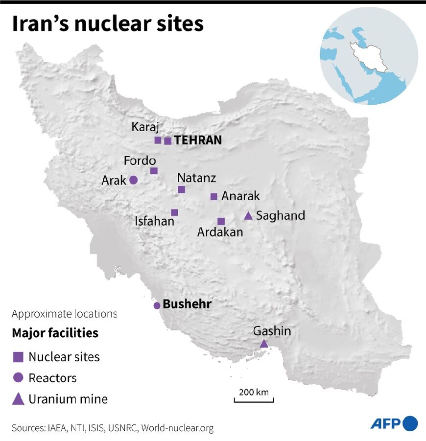 Map of Iran showing the country's main nuclear facilities as talks resume in Vienna