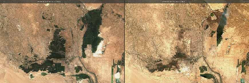 This combination of handout satellite images shows the region of Iraq's drought-stricken southern marshes including Huwaizah (north) and Qurnah (south) on (L to R) August 8, 2021 and on the same day in 2022 