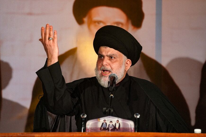 Sadr delivers a speech in Najaf on June 3, 2022 during a ceremony marking the death anniversary of his father Grand Ayatollah Mohammed Sadeq Sadr, who the dictator Saddam Hussein had assassinated 