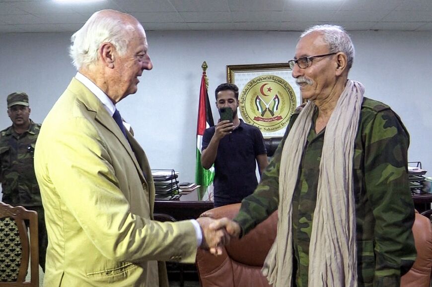 The UN's Western Sahara envoy Staffan de Mistura, on the left, meets Polisario leader Brahim Ghali in Algeria's southwestern city of Tindouf on September 4, 2022
