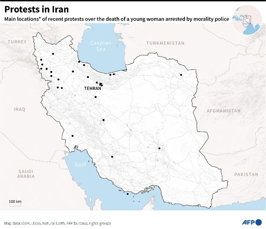 Map of Iran showing main locations of recent protests over the death of a young woman arrested by morality police