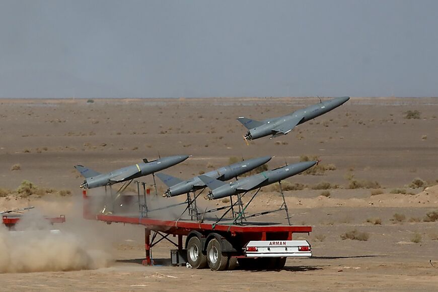 An Iranian army picture released in August 2022 shows the launch of a  drone during drill at an undisclosed location in Iran