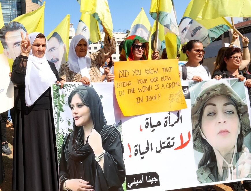 Kurdish women demonstrate in the Lebanese capital Beirut in solidarity with women-led protests in Iran sparked by the death of Kurdish woman Mahsa Amini