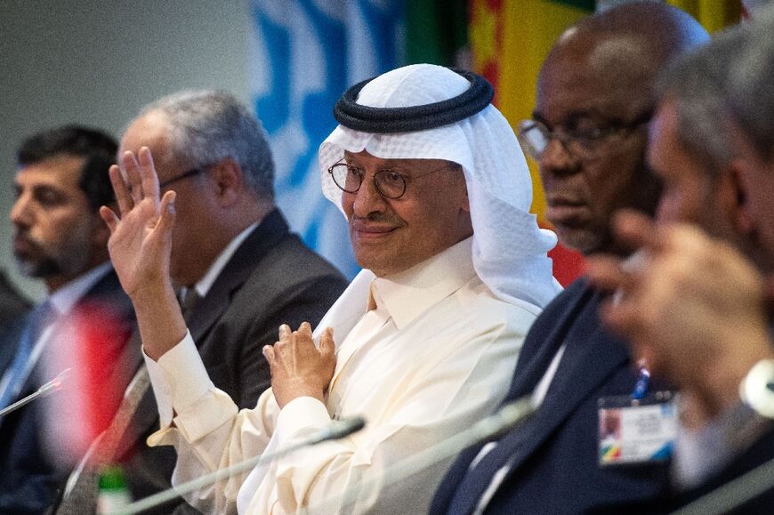 Saudi Arabia's Minister of Energy Abdulaziz bin Salman gestures during a press conference after OPEC+ talks in Vienna on October 5, 2022