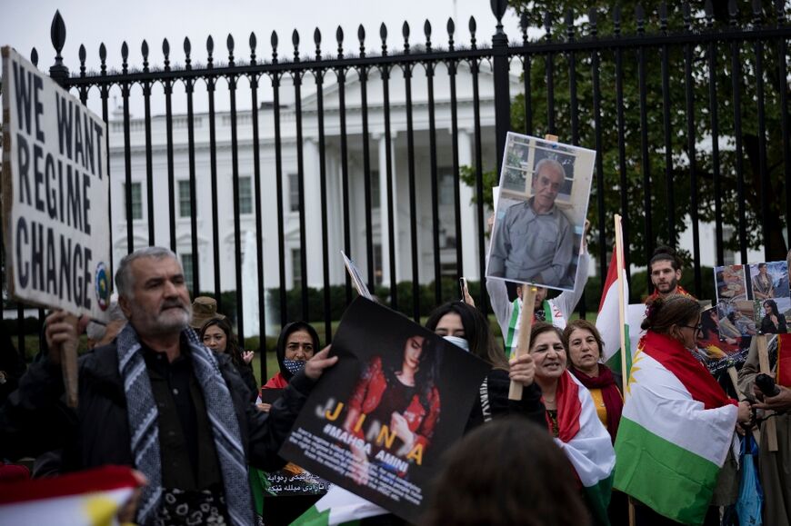 Members of the Kurdish community gather outside the White House in Washington to protest the Iranian regime following the death of Mahsa Amini in the custody of the Islamic republic's notorious morality police