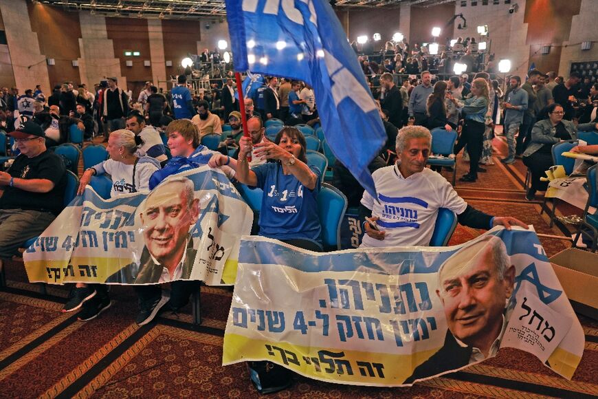 Israel's Likud party supporters gather at their campaign headquarters in Jerusalem 