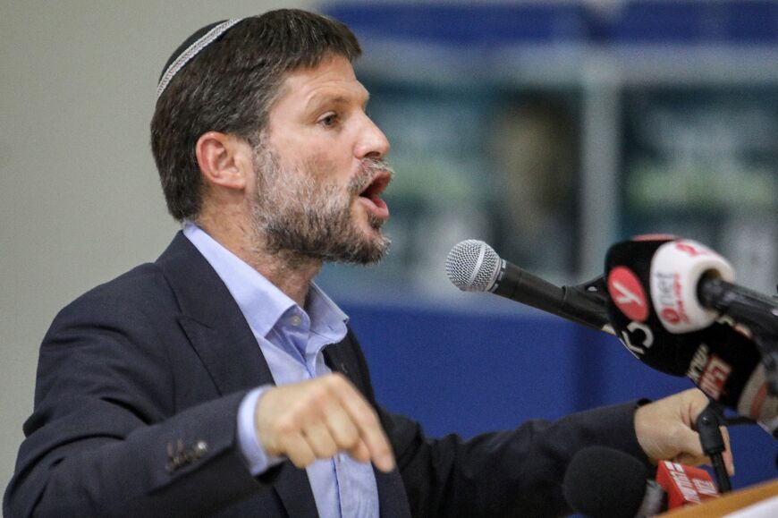 Bezalel Smotrich, Israeli far-right lawmaker of the Religious Zionist Party, speaks during a rally with supporters in the southern Israeli city of Sderot on October 26