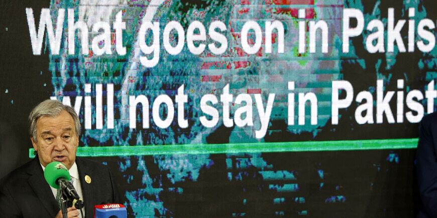 United Nations Secretary General Antonio Guterres speaks alongside Pakistani Prime Minister Shehbaz Sharif at the COP27 UN climate summit in Egypt