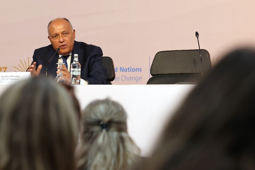 COP27 President Sameh Shoukry speaks following the opening ceremony of  COP27, talking of the 'victims of climate induced disasters'