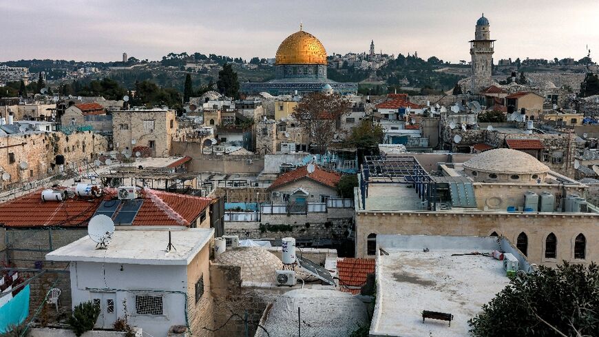 The Old City of Jerusalem with the Dome of the Rock shrine in the Al-Aqsa mosque compound, known as the Temple Mount complex to Jews