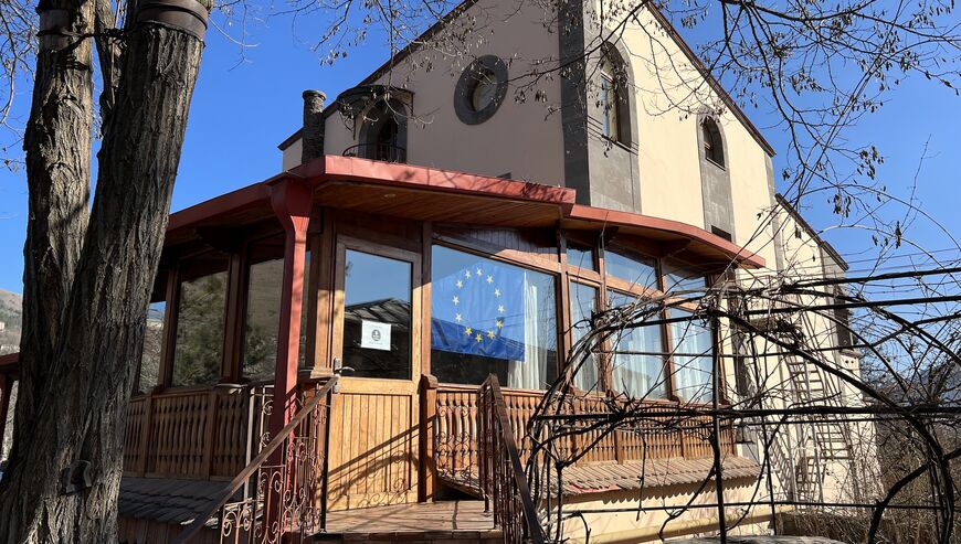 The EU observer mission at the Mirhav hotel in Goris, Armenia, Jan. 19, 2023. (Al-Monitor/Amberin Zaman)