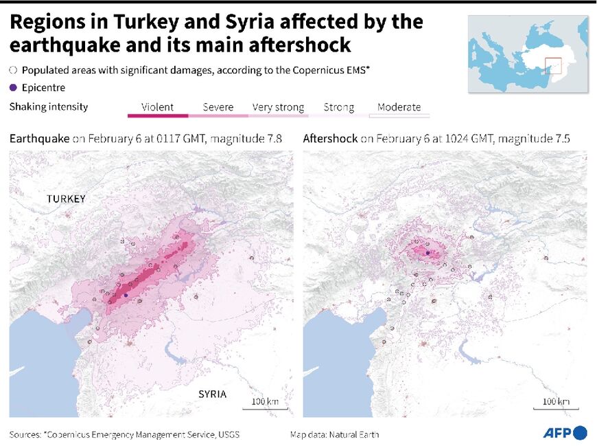 Regions affected by Turkey and Syria earthquake and its main aftershock 