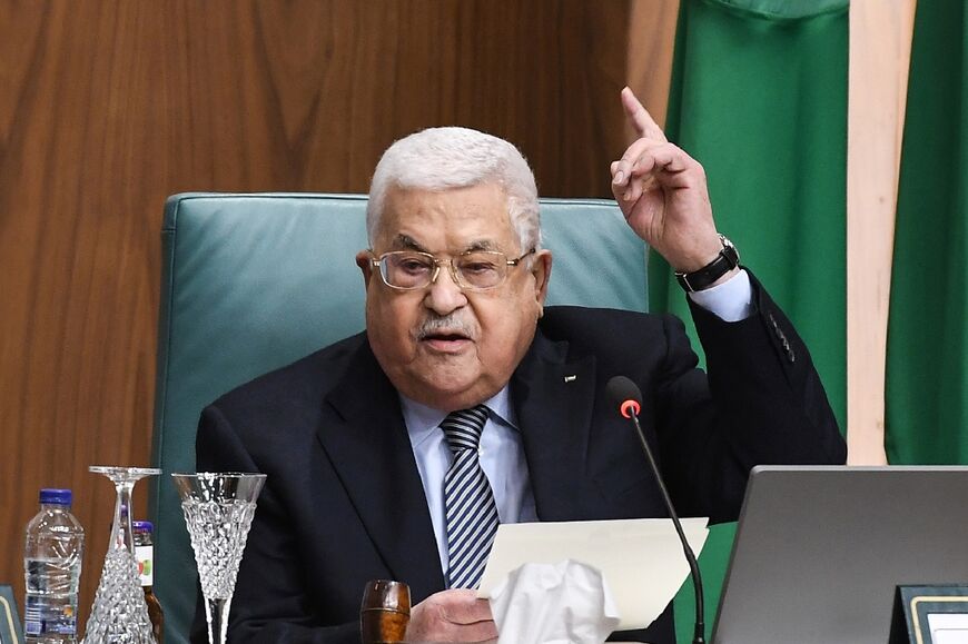 Palestinian Authority president Mahmud Abbas speaks during the Arab League's "Summit for Jerusalem" in Cairo on February 12, 2023